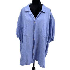 Maggie Barnes 5X Shirt Womens Blue Linen Rayon Button Up Short Sleeve Pockets